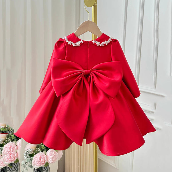 Cute Baby Girl with Flower Doll Collar Red Princess Dress Girl Toddler First Communion Dress