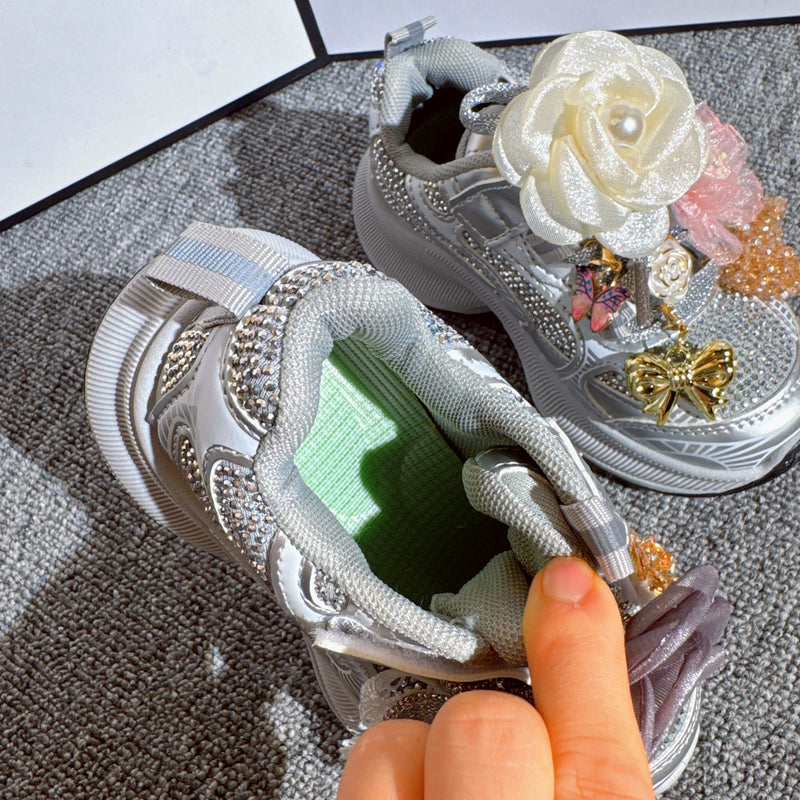 Girls' New Heavy-duty Flower Silver Sports Shoes