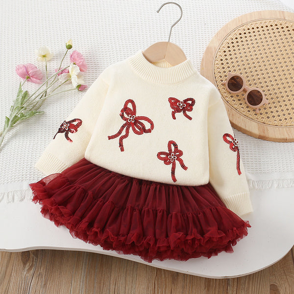 Girls' Sequin Bow Knitted Pullover Tutu Skirt Two-Piece Set
