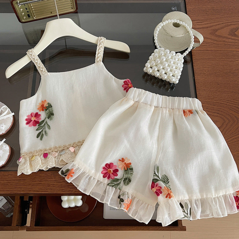 Girls Summer New Embroidered Suspender Shorts Two-piece Suit