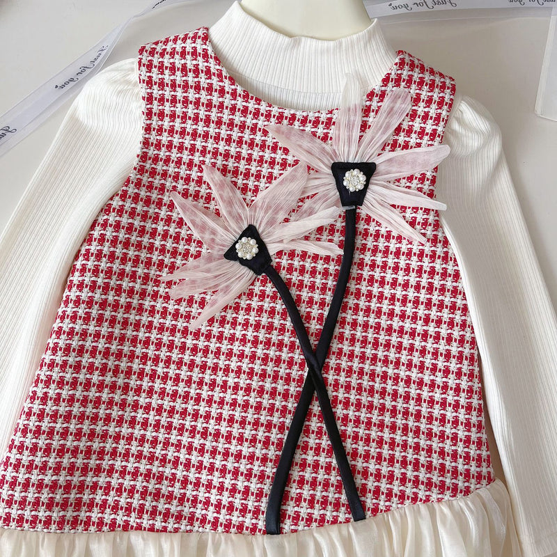 Girls' Plaid Base Layer Vest Dress Two-piece Set