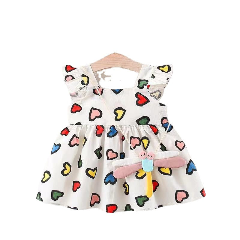 Baby Girl Love Print Cute Dress with Dragonfly Bag Set