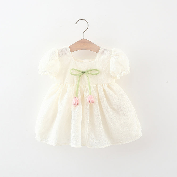 Summer Girls Solid Color Lace Tulip Bowknot Dress