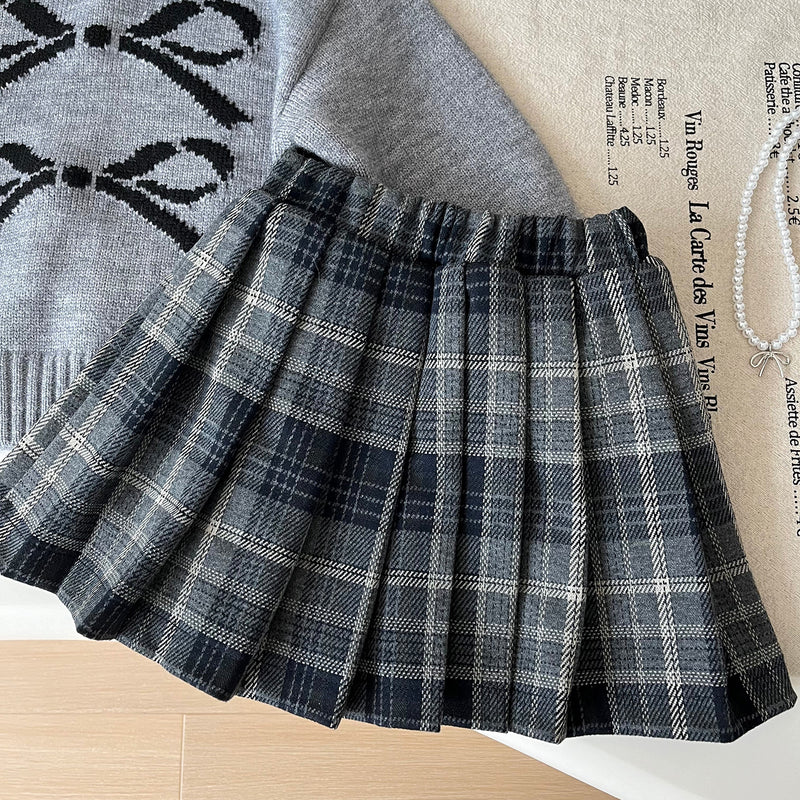 Girls' Hooded Sweater and Plaid Skirt Two-piece Set