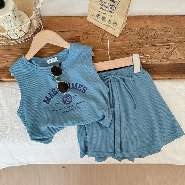 Girls Sleeveless Letter Printed Casual Waffle Two-Piece Suit