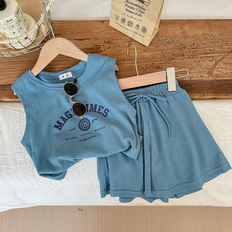 Girls Sleeveless Letter Printed Casual Waffle Two-Piece Suit