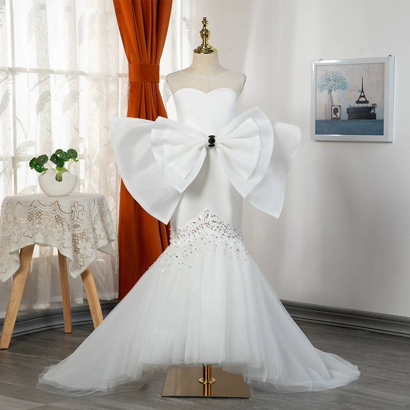 mermaid dress toddler Elegant Baby White Bow Mermaid Dress Toddler Girls Catwalk Formal Dresses, White / 7-8 Years (140cm)