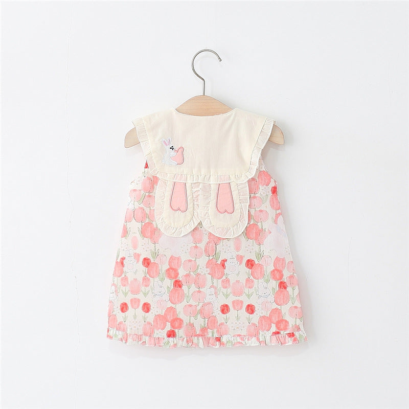 Girls Summer Floral Bow Bunny Ear Cotton Dress