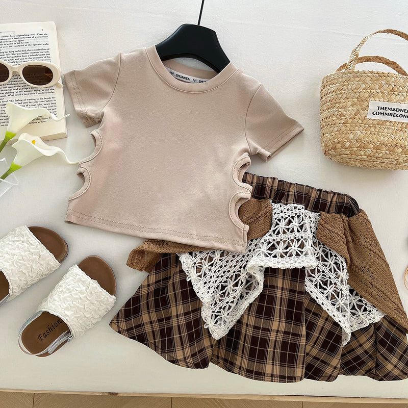 Girls' Summer Ripped T-shirt Irregular Plaid Skirt Two-Piece Set