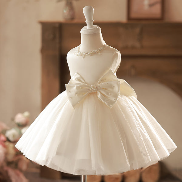 Flower Girl Dress Toddler Sleeveless Pageant Neckline Bow with Pearls Princess Dress