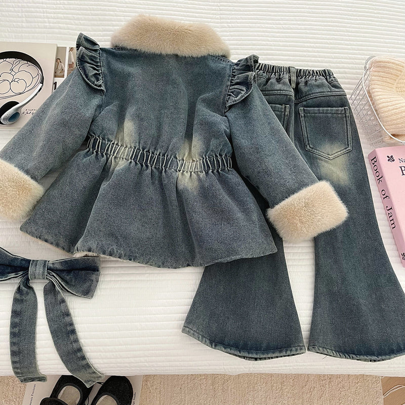 Girls' Winter Denim Jacket Flared Pants Two-piece Set