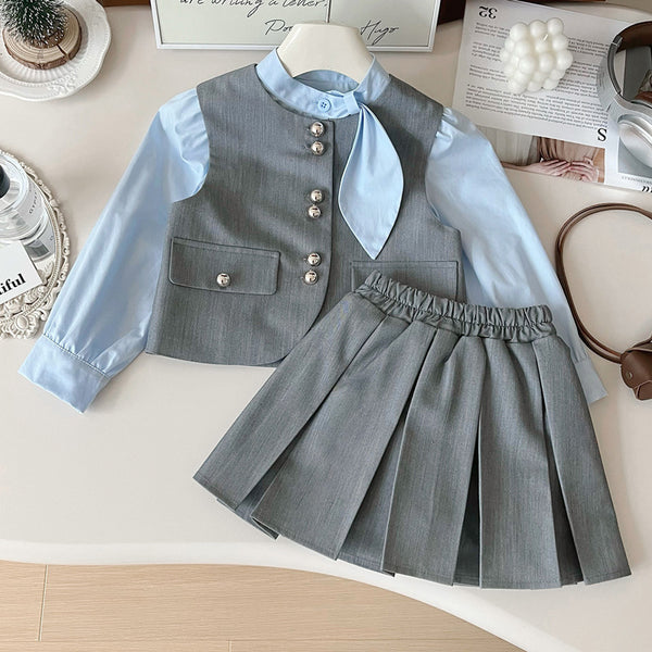 Girls' Cute New Vest Shirt Pleated Skirt Three-piece Set