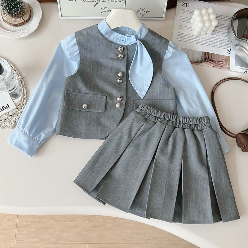 Girls' Cute New Vest Shirt Pleated Skirt Three-piece Set
