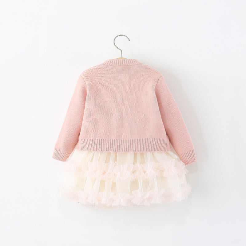 Girls Autumn Heart Sweater Cardigan Cake Princess Dress Two-Piece Set