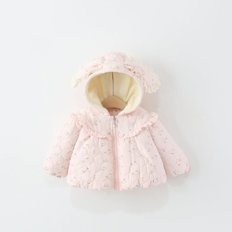 Girls' Winter Floral Print Bunny Ear Cotton Coat