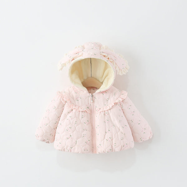 Girls' Winter Floral Print Bunny Ear Cotton Coat