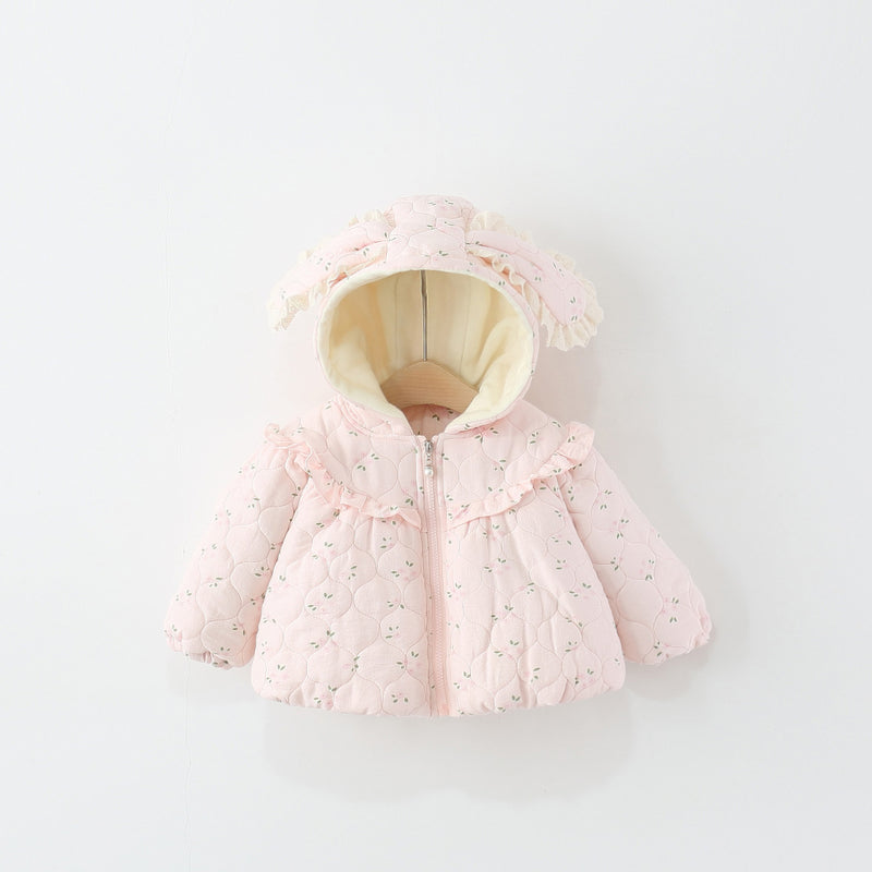 Girls' Winter Floral Print Bunny Ear Cotton Coat