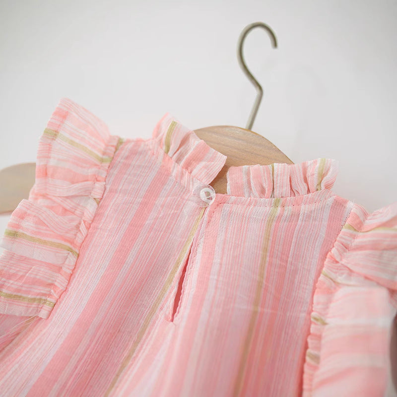 Girls Vertical Striped Tulip Fly Sleeve Dress