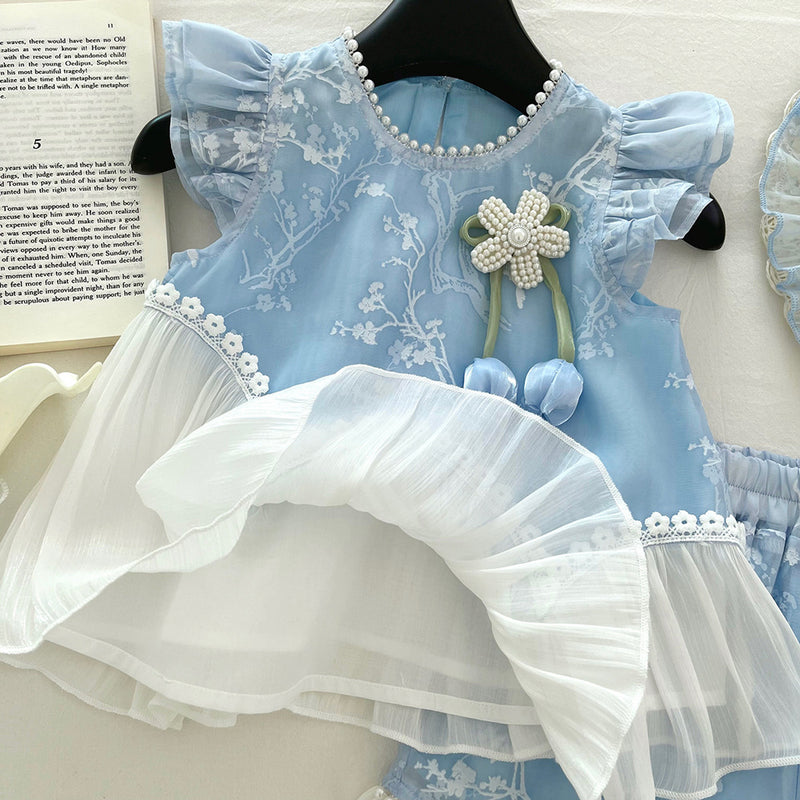 Girls Summer Fly Sleeve Color Block Top Lace Shorts Two-piece Set