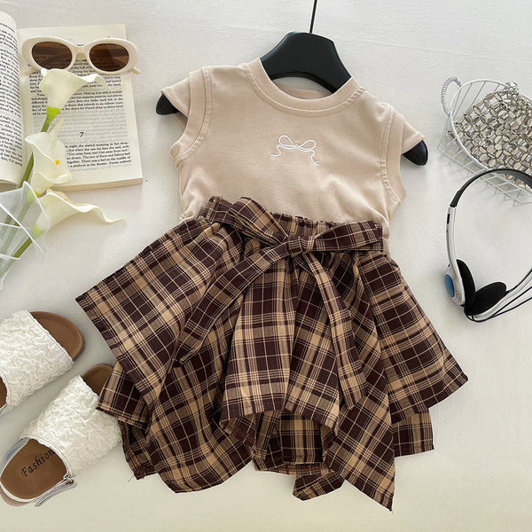 Girls' Summer Embroidered T-shirt Plaid Bow Irregular Skirt Two-piece Set