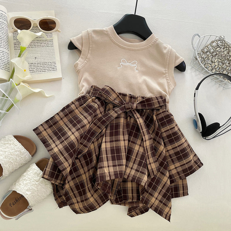 Girls' Summer Embroidered T-shirt Plaid Bow Irregular Skirt Two-piece Set
