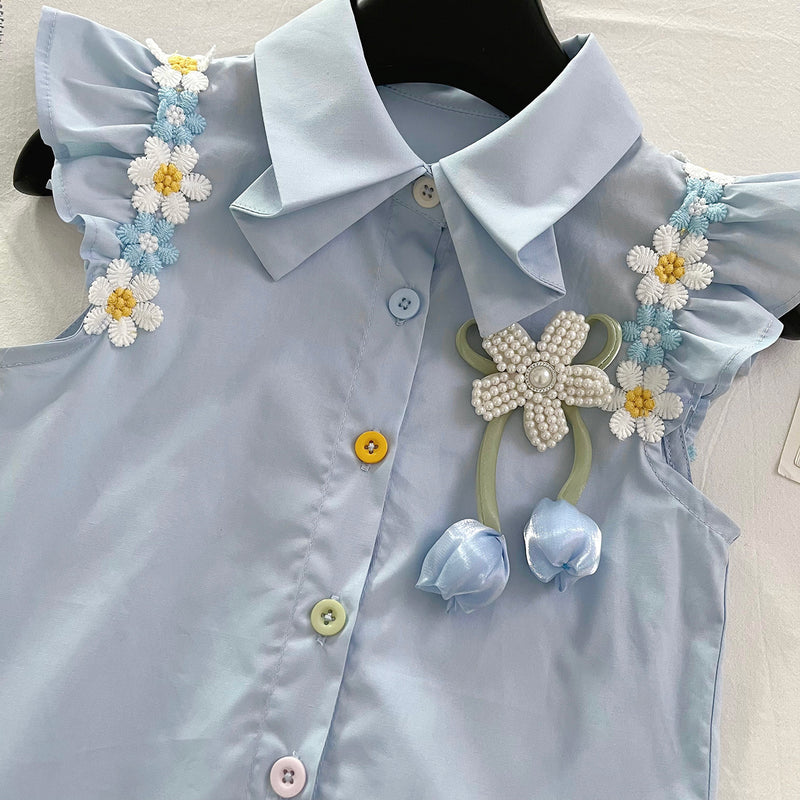 New Summer Baby Flower Top Pleated Skirt Two Piece Set