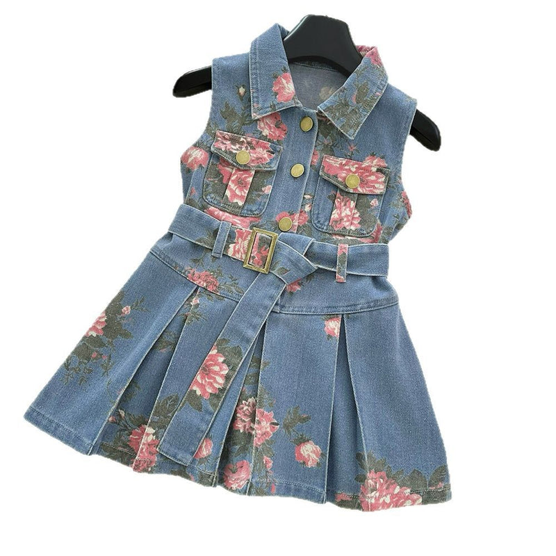 Girls Summer Flower Print Sleeveless Denim Dress