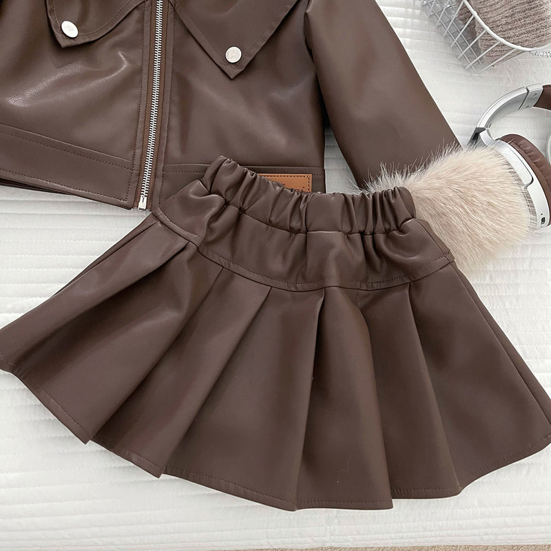 Girls' Winter PU Leather Jacket and Skirt Two-Piece Set