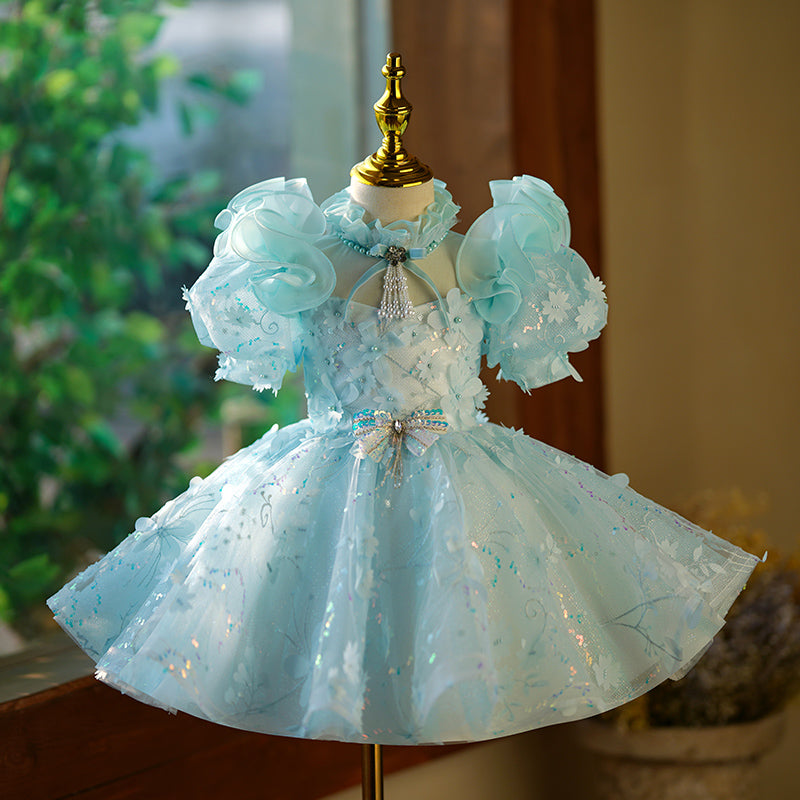 Baby Girl Dress Toddler Birthday Pageant Wedding Sequin Bow Fluffybow Puff Sleeves Dress