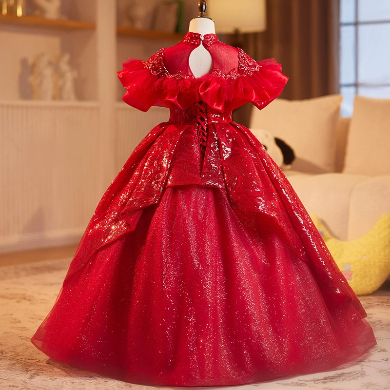 Red Girls Birthday Dress Children's Prom Princess Dress Flower Girl Wedding Dress