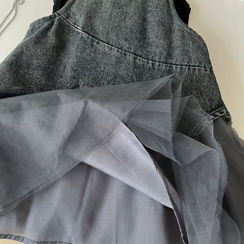 Girls Mesh Patchwork Denim Vest Suspender Skirt Two-piece Set