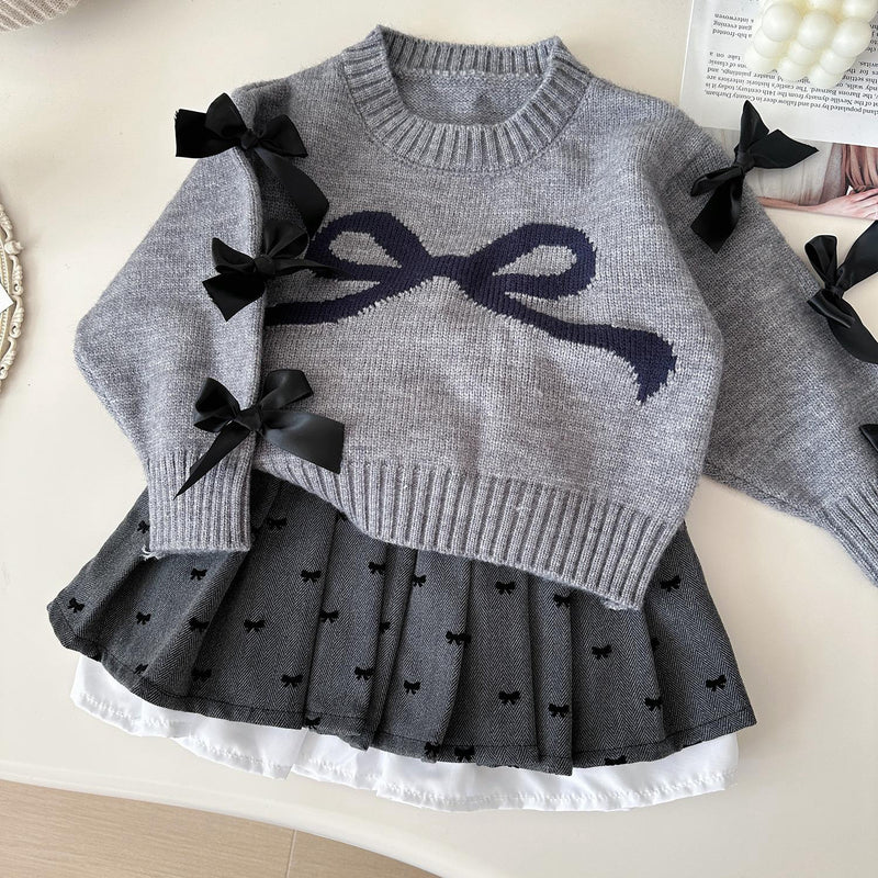 Girls Bowknot Long-sleeved Knitted Sweater Skirt Two-Piece Set