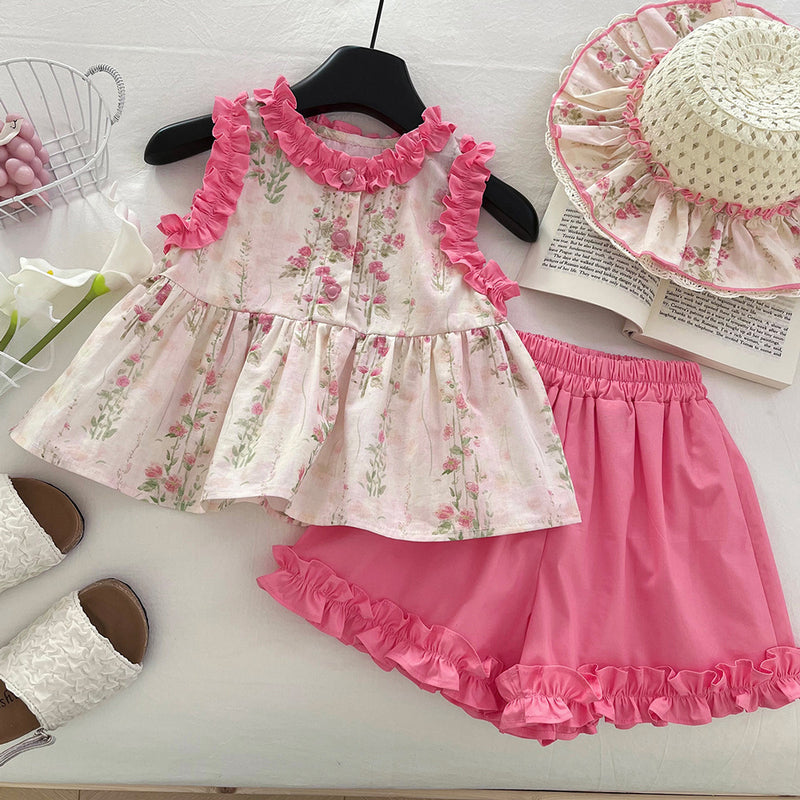 Girls Sleeveless Baby Shirt Set Summer Thin Children Girls Lace Floral Shorts Two-piece Set