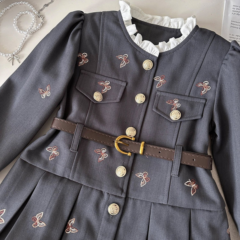 Girls' Autumn New Gray Lace Plaid Princess Dress