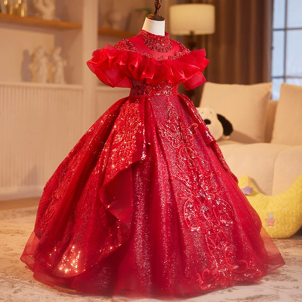 Red Girls Birthday Dress Children's Prom Princess Dress Flower Girl Wedding Dress