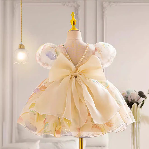 Baby Girl Colorful Puff Sleeves Toddler  First Communion Princess Dress