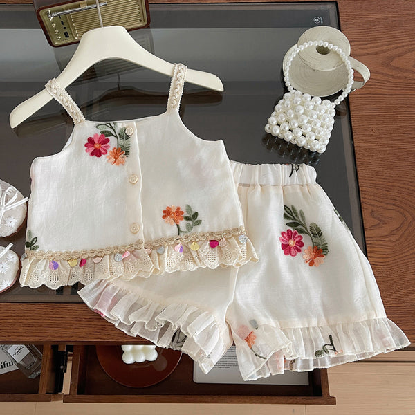 Girls Summer New Embroidered Suspender Shorts Two-piece Suit