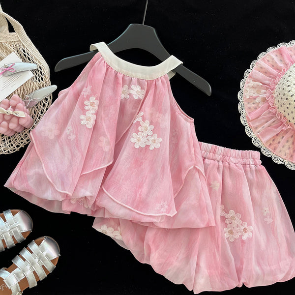 Girls Summer New Embroidered Suspender Shorts Two-piece Suit
