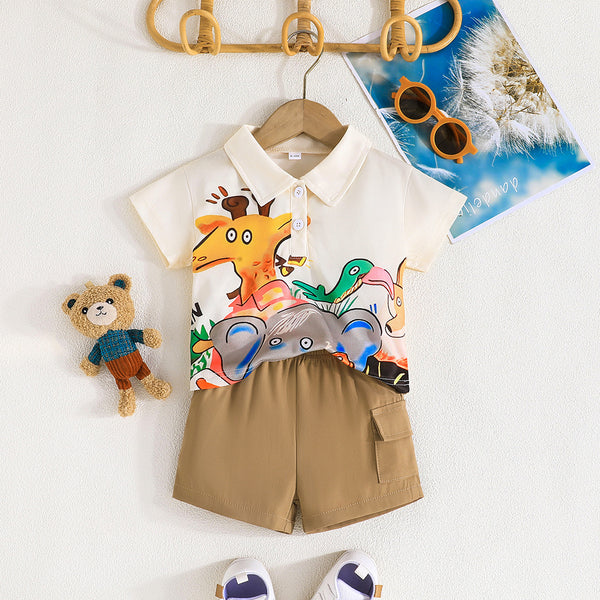 Summer New Baby Cartoon Animal Square Collar Top Shorts Two-piece Set