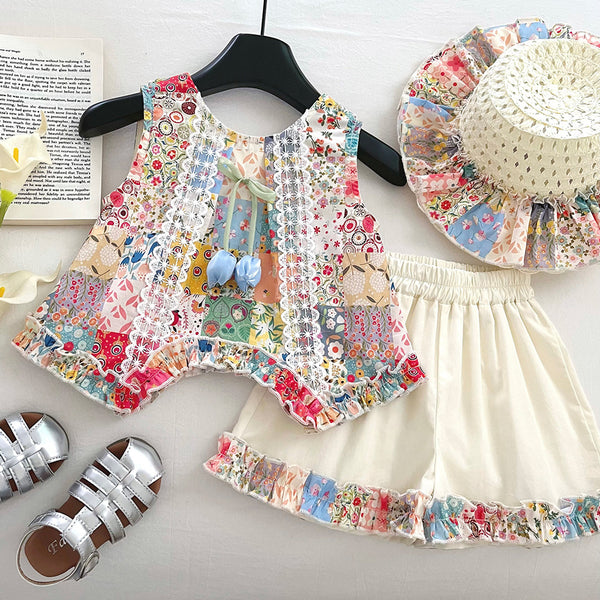 Baby Girl Summer Thin Sleeveless Hollow Backless Top Lace Shorts Two-piece Set