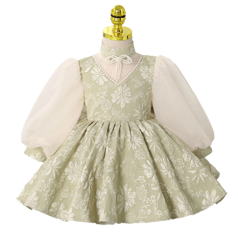 Elegant Baby Girls Green Puff Sleeve Embroidered Christening Dress Toddler Birthday Costume Princess Dress