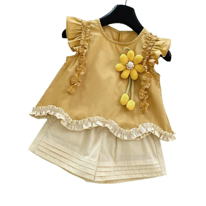 Girls New Flower Flying Sleeve Lace Top Shorts Two-piece Set