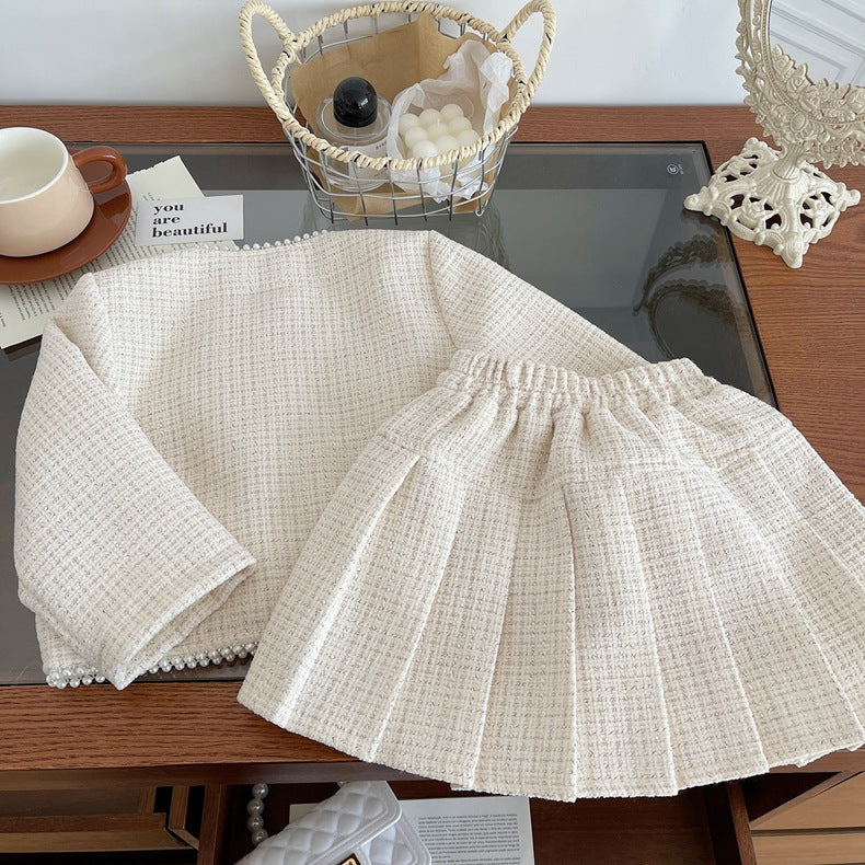Girls' New Apricot Jacket and Pleated Skirt Two-piece Set