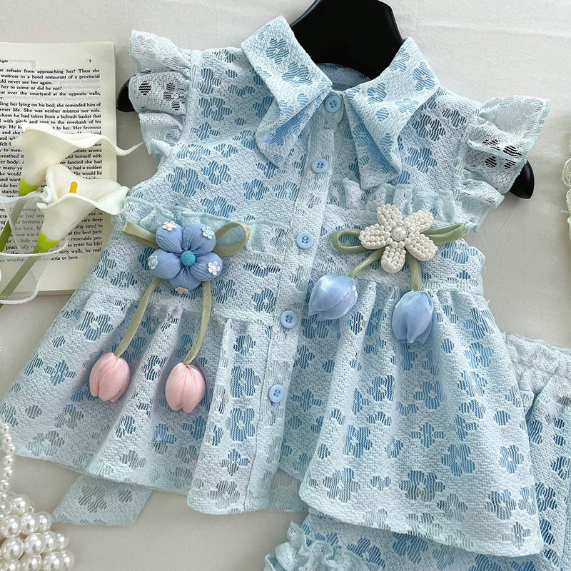 Girls Summer New Style Flying Sleeve Top Flower Lace Shorts Two-piece Set