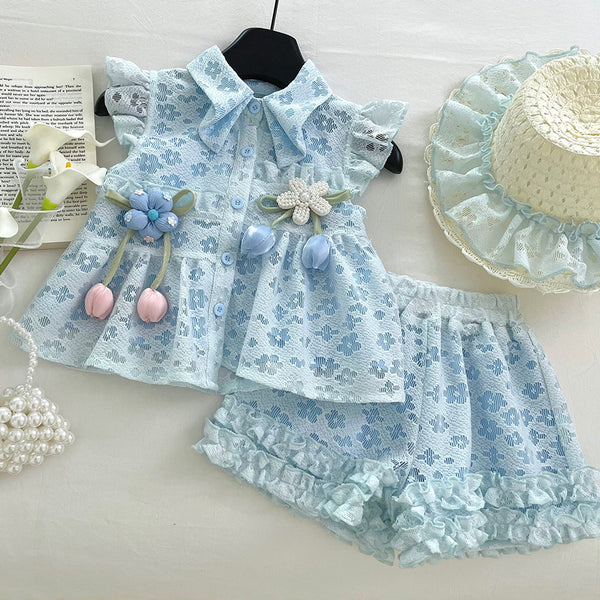 Girls Summer New Style Flying Sleeve Top Flower Lace Shorts Two-piece Set