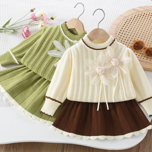 Girls' New 3D Flower Pullover Knitted Skirt Two-piece Suit