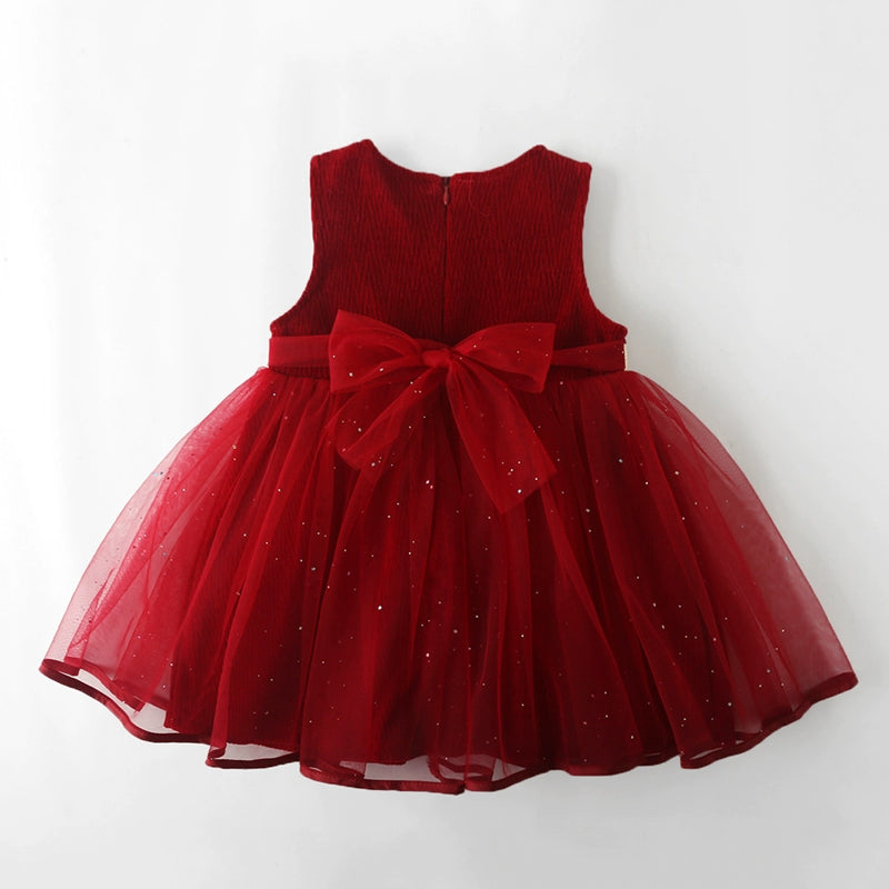 Girls Birthday Red Vest Dress Children's Bow Princess Dress