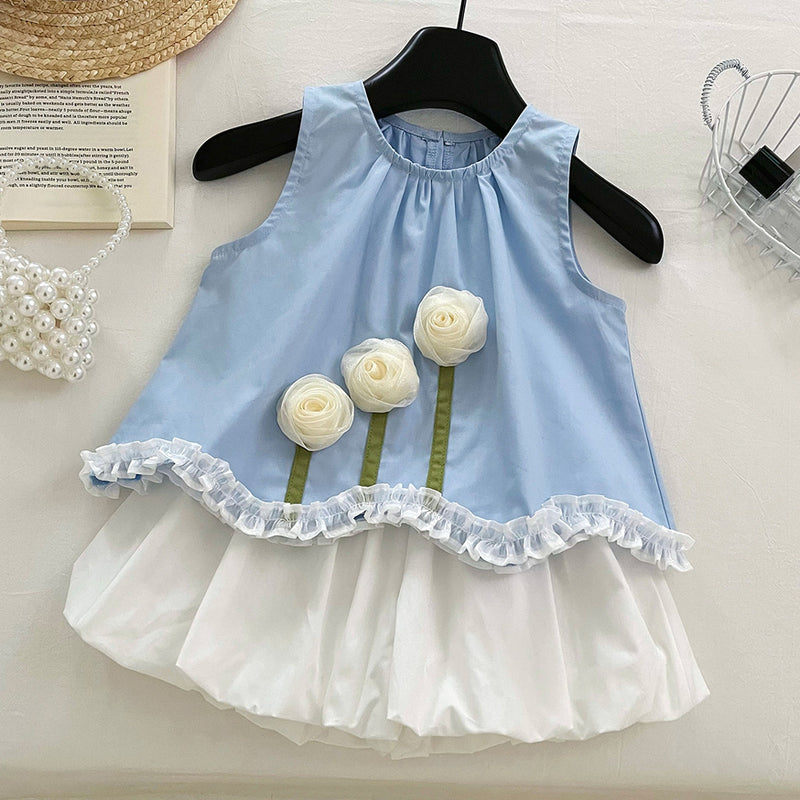 Girls Lace Sleeveless Floral Top Shorts Two-Piece Set