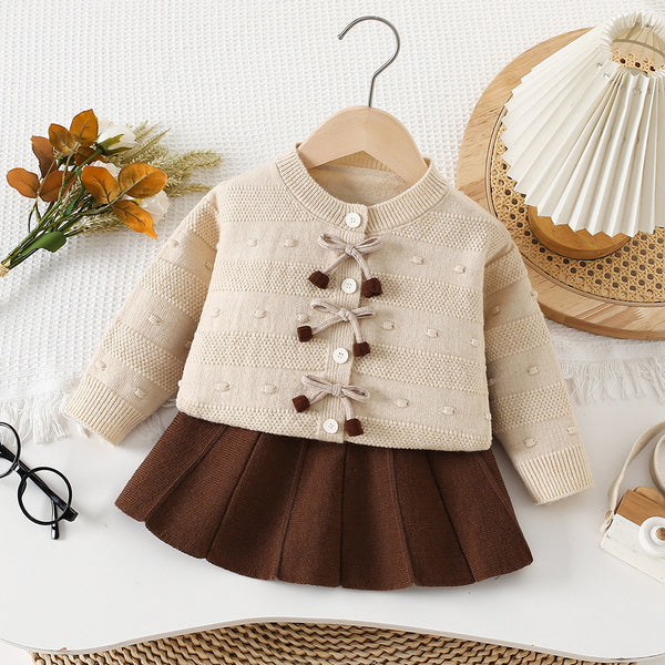 Girls' Bow Knitted Sweater Pleated Skirt Two-Piece Set