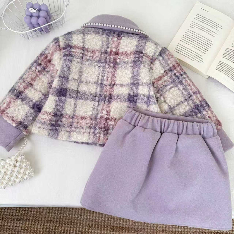 Girls' Winter Bow-Knot Plaid Jacket and Skirt Two-Piece Set